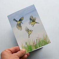 A6 CARD – three blue tits – illustration from 'Blue tit chick' – children's book