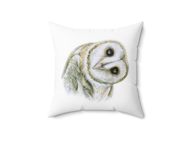 Square white pillow with a watercolour painting of a Barn Owl